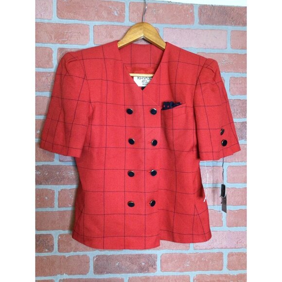 VTG Kasper A.S.L Petite Red Double-Breasted Womens Blazer Jacket Size 2 Checkere - Picture 2 of 12